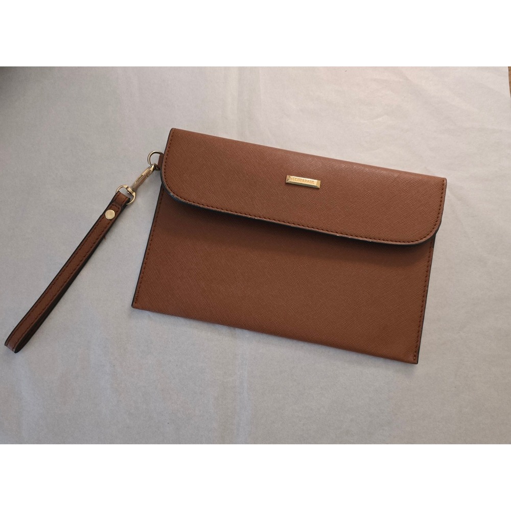 Elim & Paul Brown Saffiano Faux Leather Wristlet Clutch Bag Gold Hardware